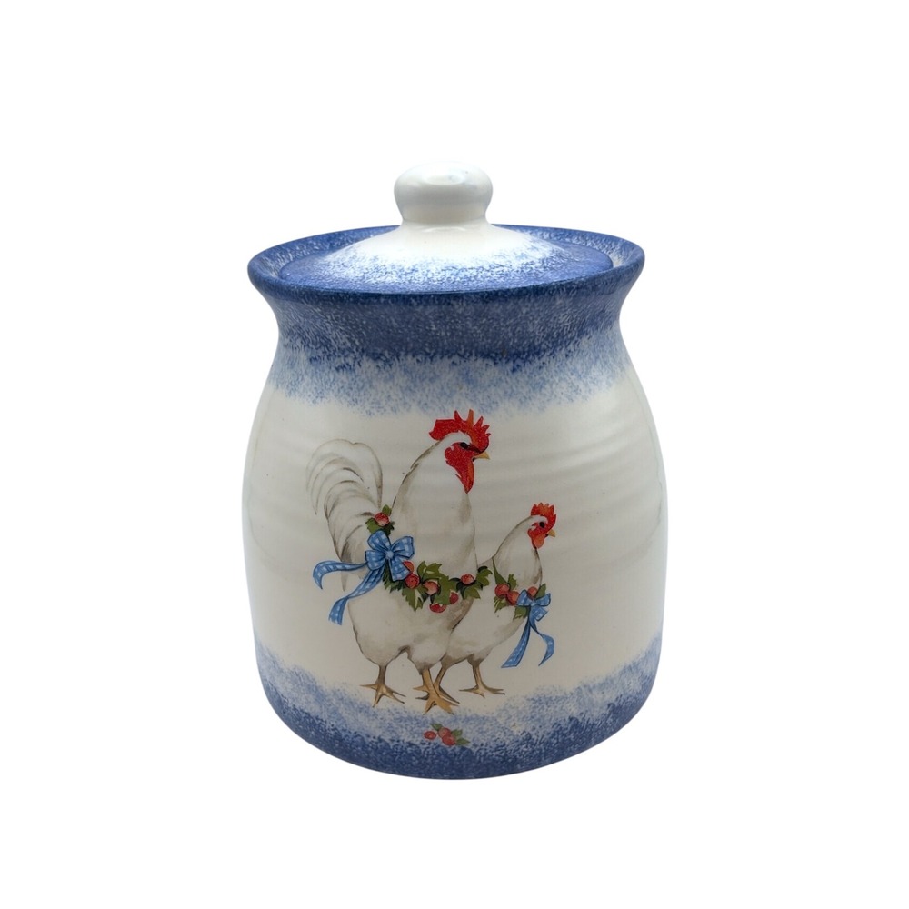Vintage Ceramic Rooster Hen
Storage Jar‎ Lid Blue Chicken Farmhouse
Canister 9"